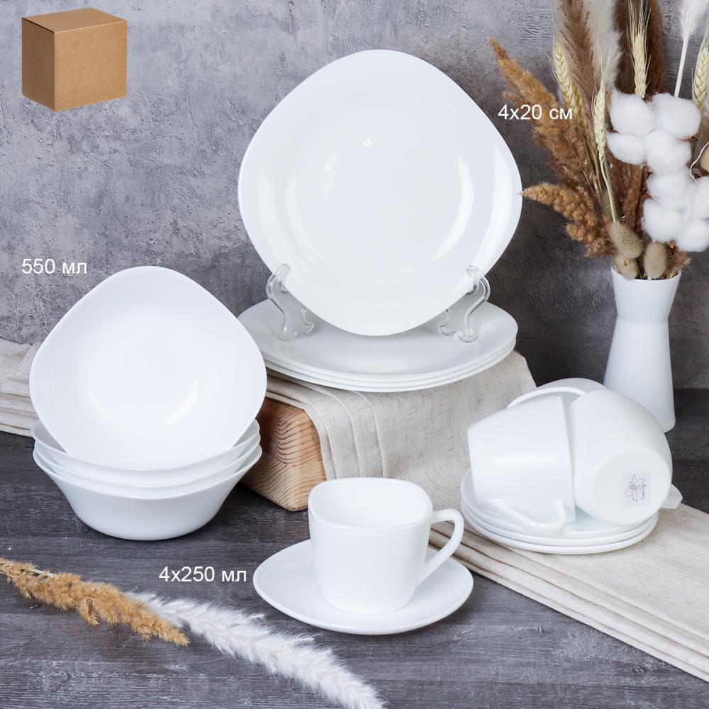 Столовый набор 16 предметов на 4 персоны квадратный с кружками Белый  GRAY-Sq16 8565220