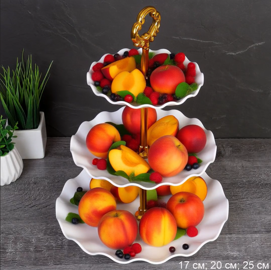 Ваза для фруктов 3-х ярусная 15/20/25 Круг Волна белая / D-1269 /уп 80/ Пластик