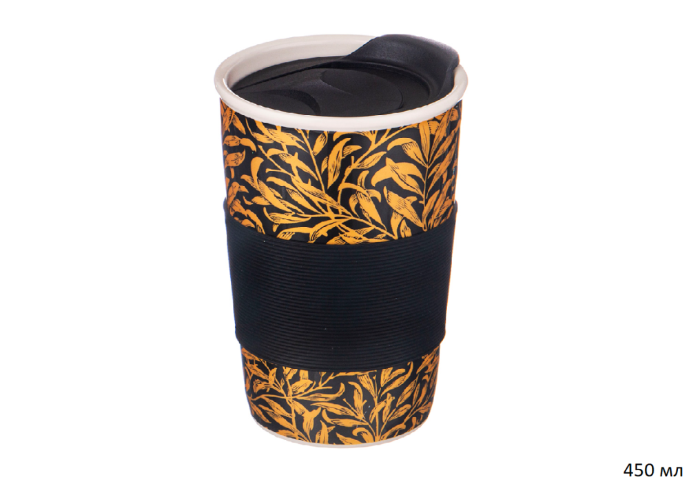 Кружка 450 мл с пластиковой крышкой Lefard Кофемания / 756-352 /уп 24/ с сил ободком