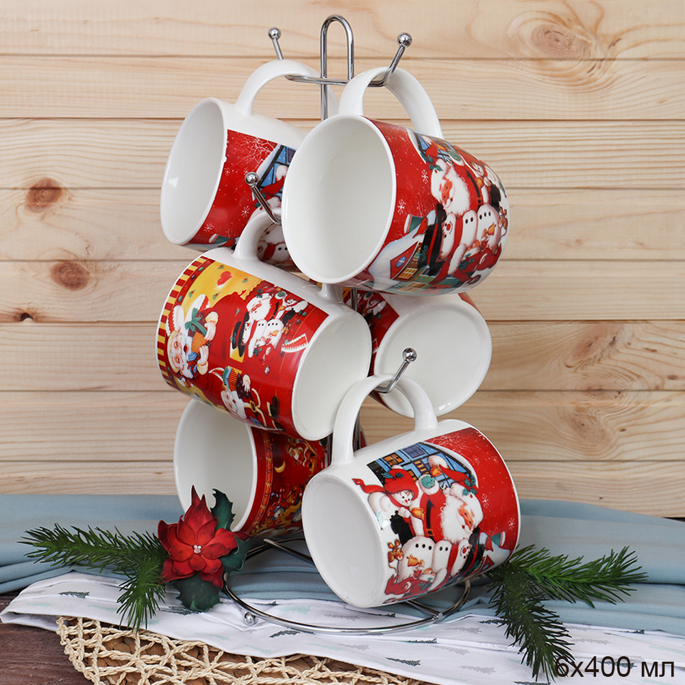 Кружка 6 штук на металлстенде 400 мл Новый год / Q151/FD602 / АКЦИЯ/кружка новогодняя