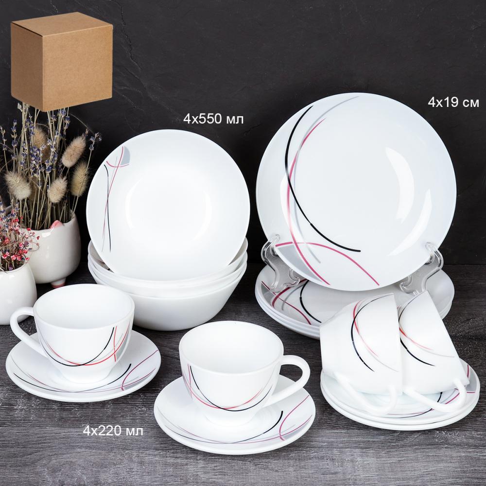 Столовый набор 16 предметов ЕВРО 4 персоны / GRAY- EV16/756220 (7267) /уп 2/ Полосы бордо