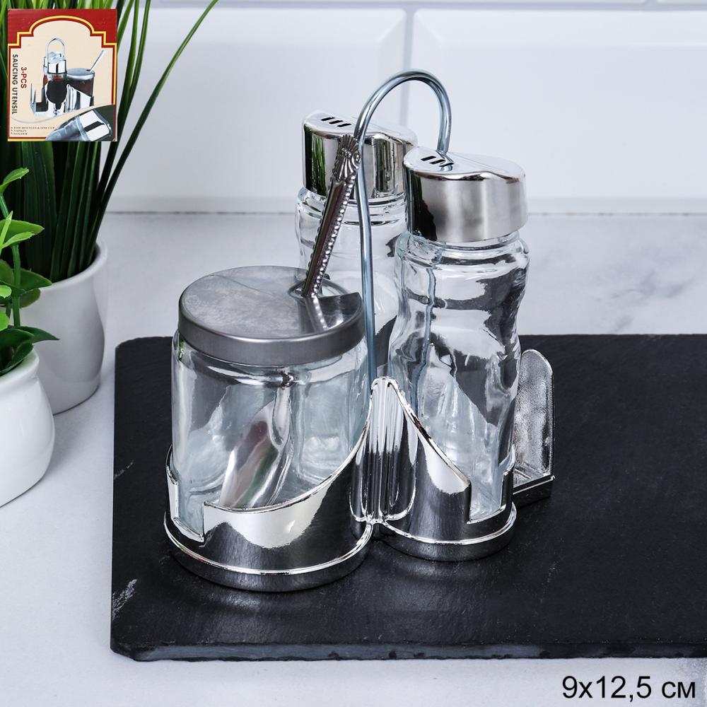 Набор для специй 4 предмета на подставке металл с ячейкой под салфетки / AT-825 /уп 60/ нерж