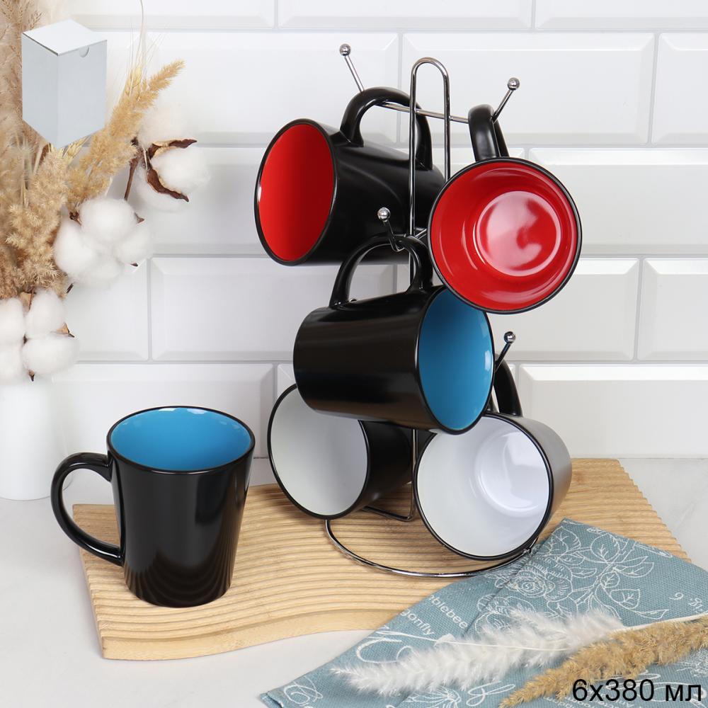 Кружка набор 6 штук на металлстенде 380 мл Конус Эфиопия / HJ-46 /АКЦИЯ/Белый+Красный+Голубой