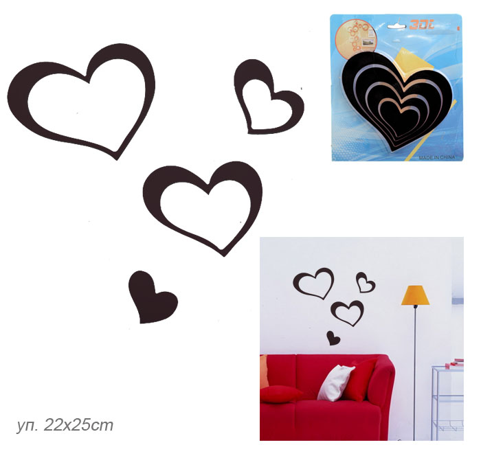 Наклейка 3D на стену из дерева черная / 8058 / сердечки АКЦИЯ
