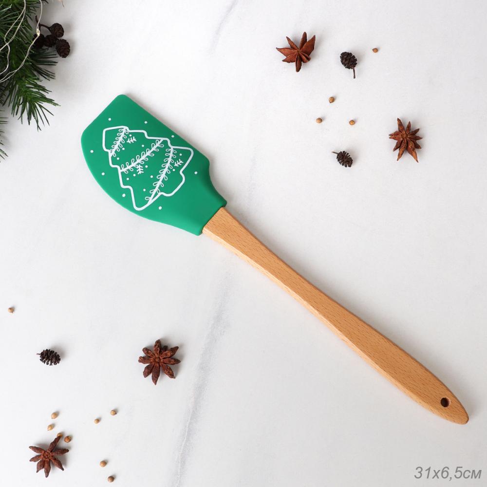 Лопатка кулинарная силиконовая 33х6,5 см с деревянной ручкой / ML-080 /уп 200/ Новогодняя/ 0,083