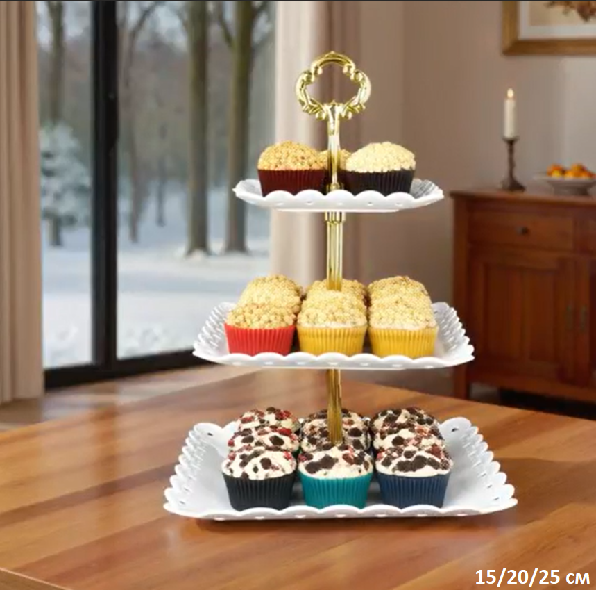 Ваза для капкейков 3-х ярусная 15/20/25 Квадрат белая / D-1264 /уп 100/ Пластик/689066