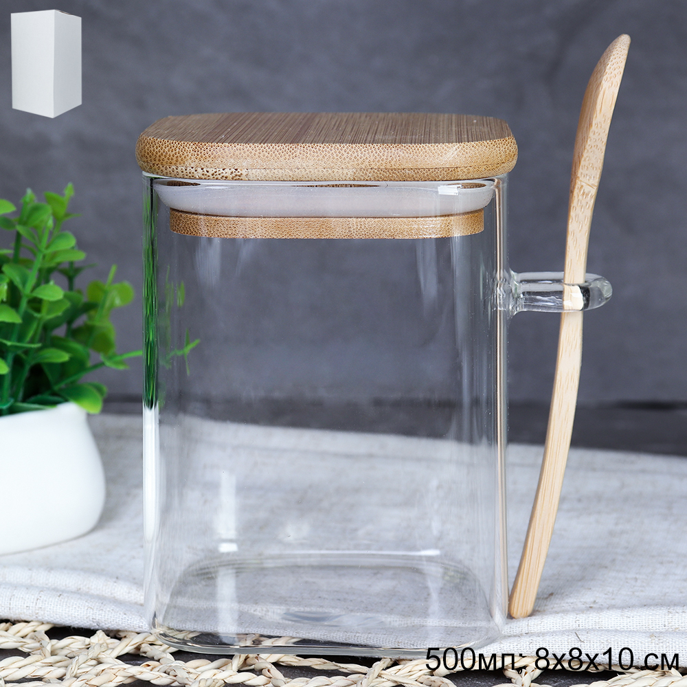 Банка квадратная с ложкой бамбуковая крышка 500 мл 8x8x10 см / LCKW2914 /уп 100/*