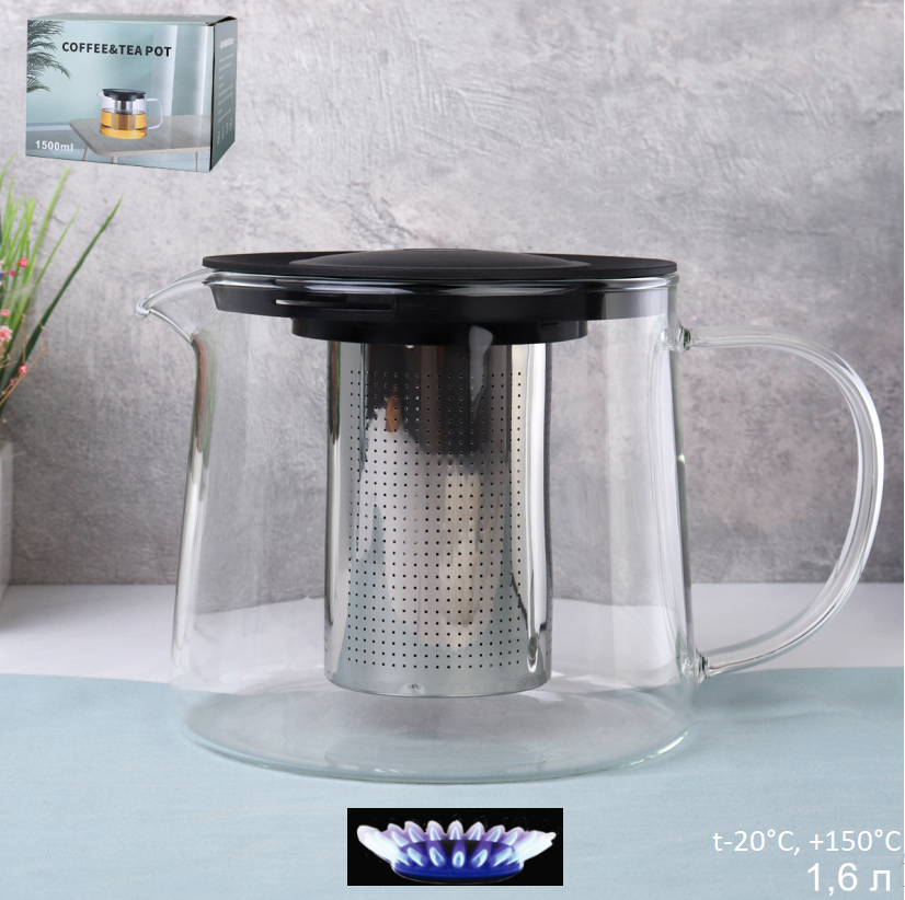Чайник 1700 мл жаропрочное стекло / 9458 /уп 36/*Ц с нейлоновой крышкой