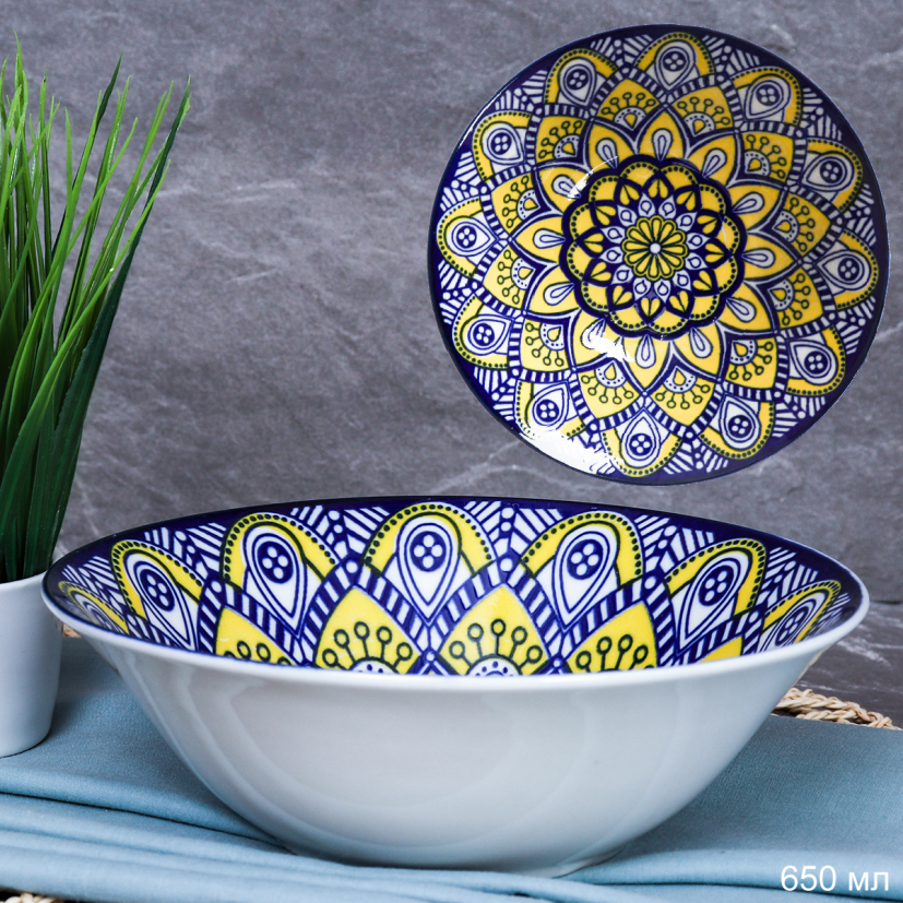 Тарелка глубокая суповая 650 мл / SB7-3 (уп 72) Сине-желтый орнамент