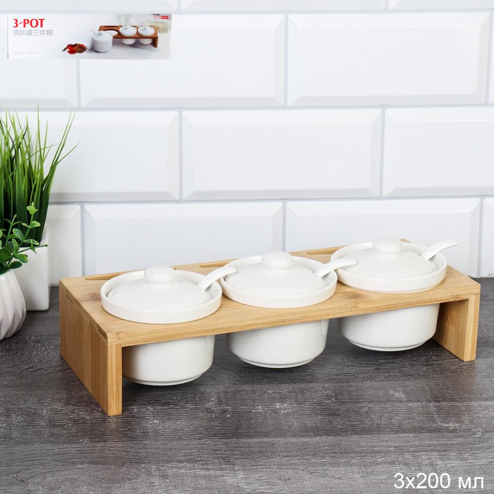 Набор для специй 3 предмета 200 мл с ложкой / IFY153 /уп 24/ на деревянной подставке