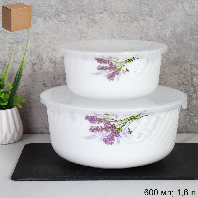 Салатник с крышкой 2 предмета 600 мл, 1100 мл / GRAY-HDW3B (7131) / Лаванда