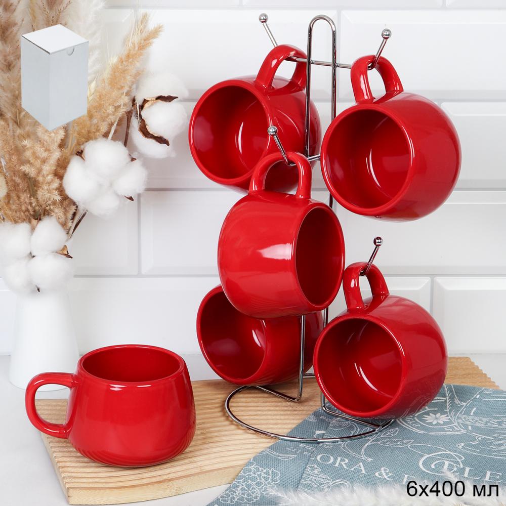 Кружка набор 6 штук на металлстенде 400 мл Бочонок / Q-260 /Красный/АКЦИЯ