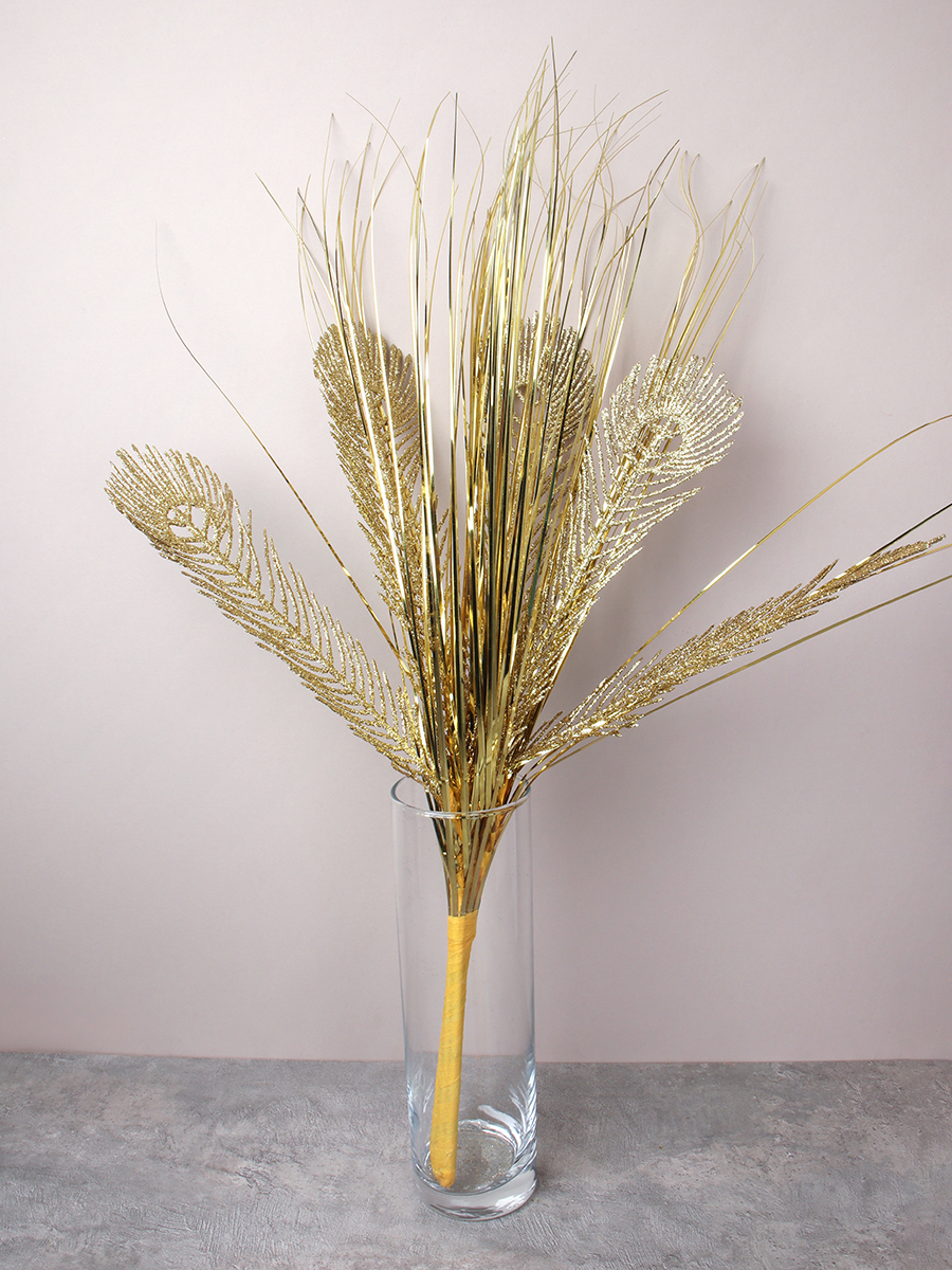 Ветка декоративная 65 см золото/серебро Перо павлина / 18-52 /уп 100/300/