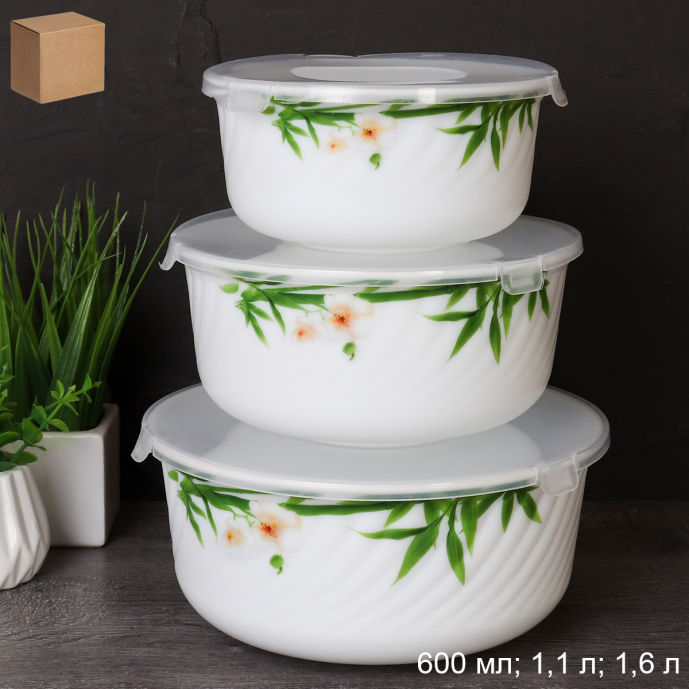 Салатник с крышкой 2 предмета 600 мл, 1100 мл / GRAY-HDW3B (6773) / Бамбук с орхидеей