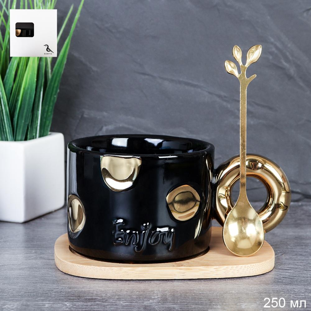 Чайная пара 250 мл 3 предмета с ложкой / SP2412-1-Blak /уп 60/