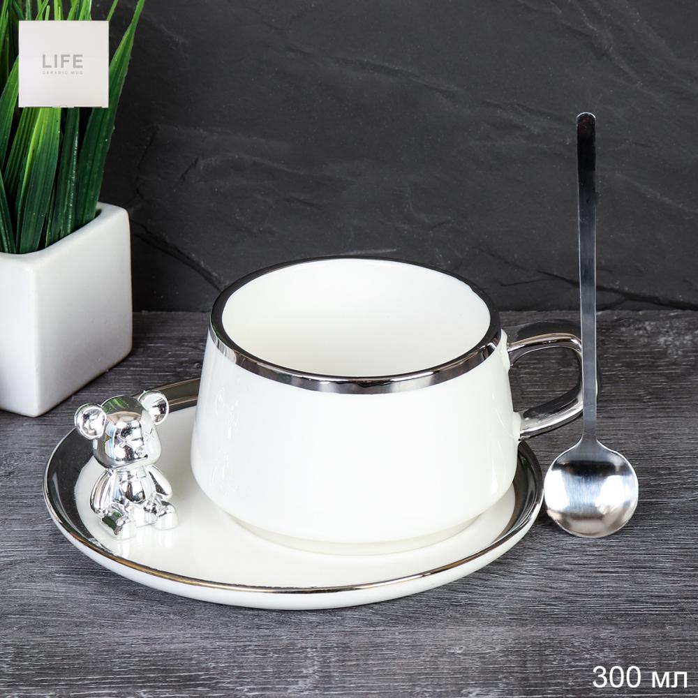 Чайная пара 300 мл 3 предмета с ложкой Мишка / JY3539 /уп 48/