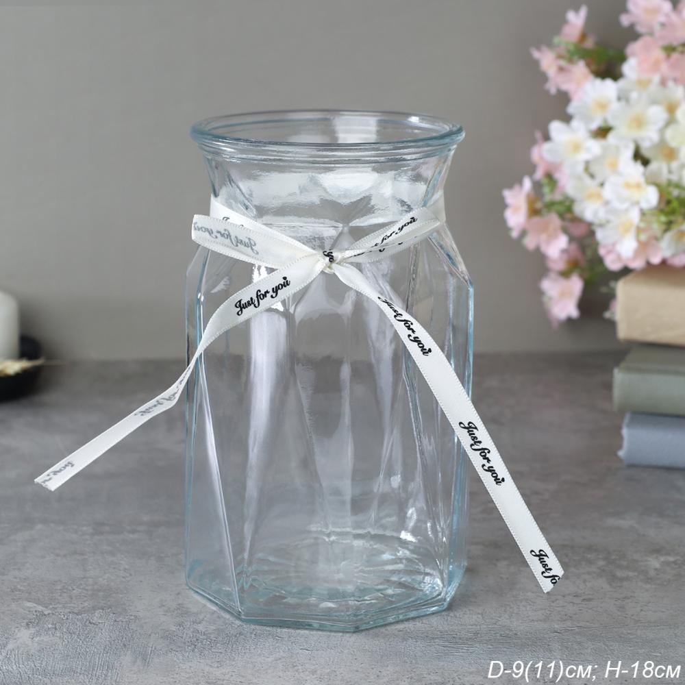 Ваза для цветов 18 см прозрачная с лентой / WRD-145 /уп 30/ без и/уп