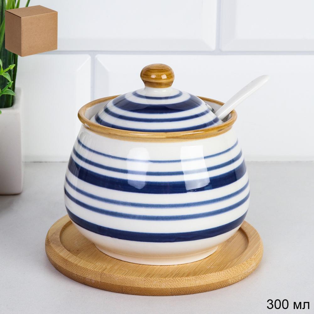 Сахарница 300 мл с ложкой / CF301 /уп 36/ на деревянной подставке