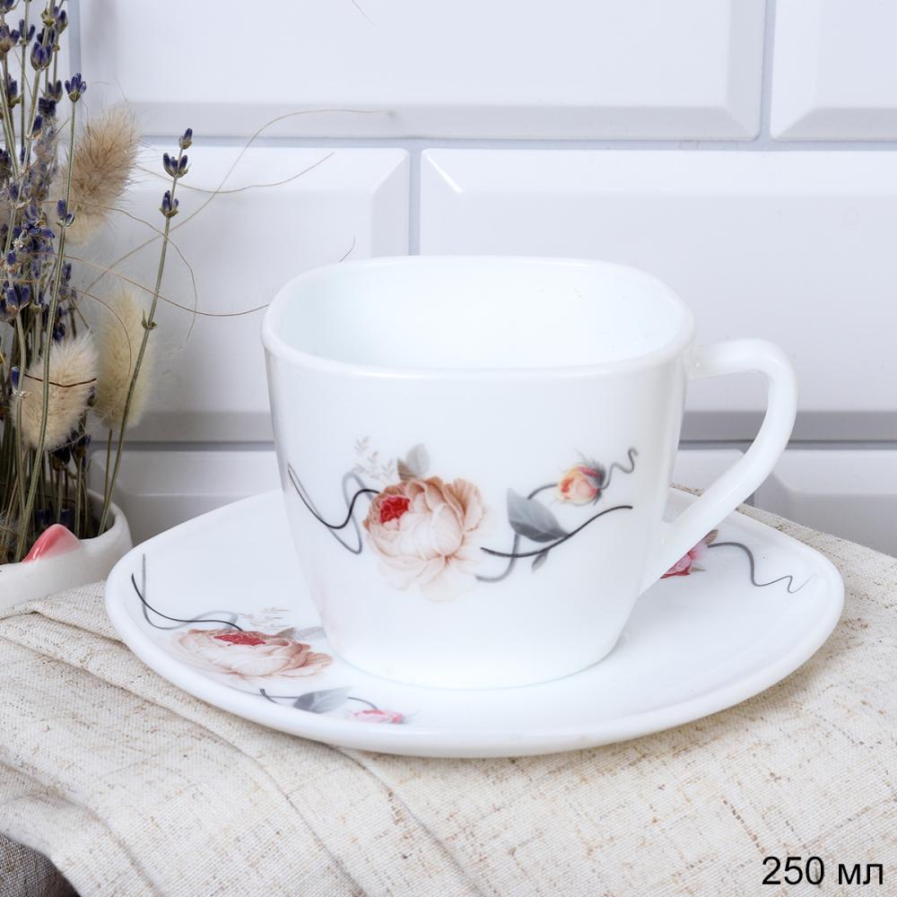 Чайная пара 250 мл квадратная ШТУЧНО / GRAY-FXB220/12 (7315) /уп 8/ Чайная роза на ветке
