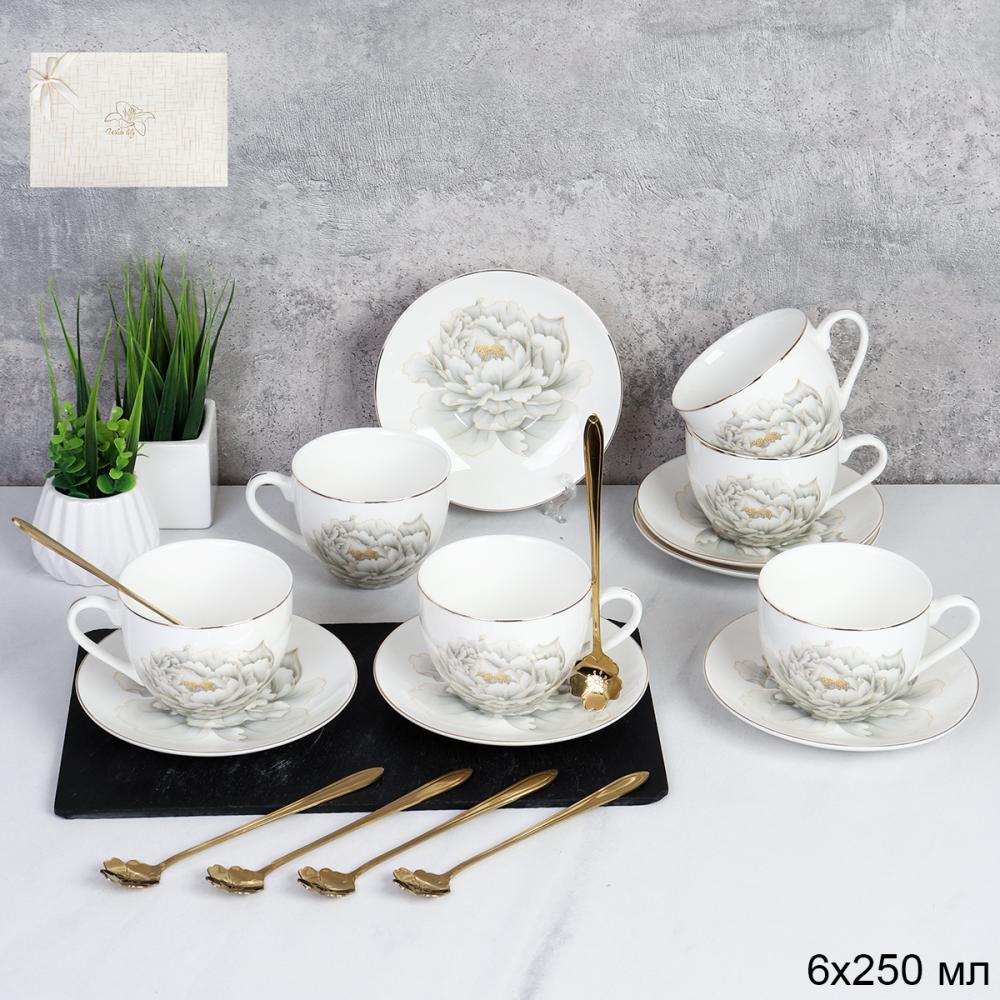 Чайный набор 12 предметов 250 мл АКЦИЯ / TC69-2439H-12G 230 /уп 8/ костяной фарфор с ложками Цветочек золото