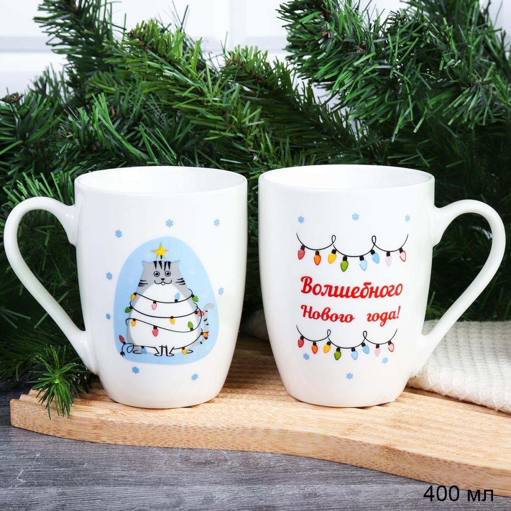 Кружка Волшебного Нового года 400 мл / CAT-518-G /уп 60/72/ Серый кот новогодняя