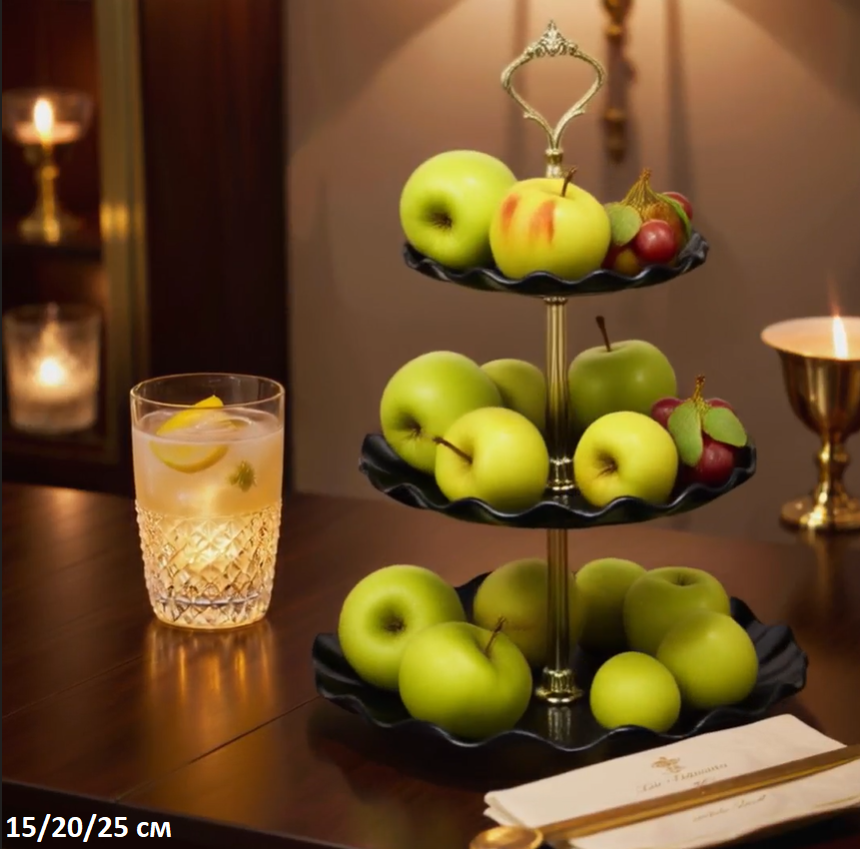 Ваза для фруктов 3-х ярусная 15/20/25 Круг Волна черная / KB22 /уп 80/ Пластик