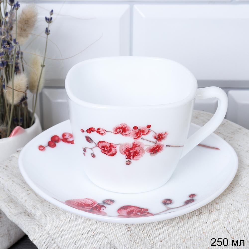 Чайная пара 250 мл квадратная ШТУЧНО / GRAY-FXB220/12 (6755) /уп 8/ Орхидея на ветке