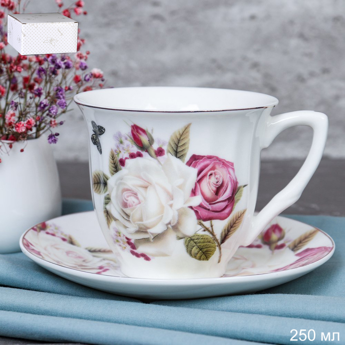 Чайная пара 2 предмета 250 мл / GF2 -12G /уп 8/ костяной фарфор в подарочной коробке