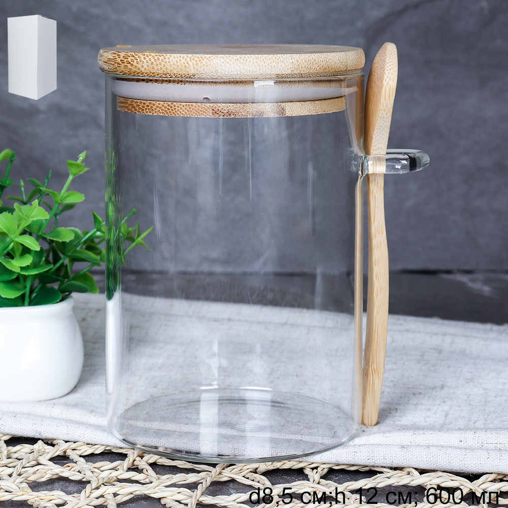 Банка круглая с ложкой бамбуковая крышка 600 мл 8,5х12 см / LCKW2928 /уп 120/*