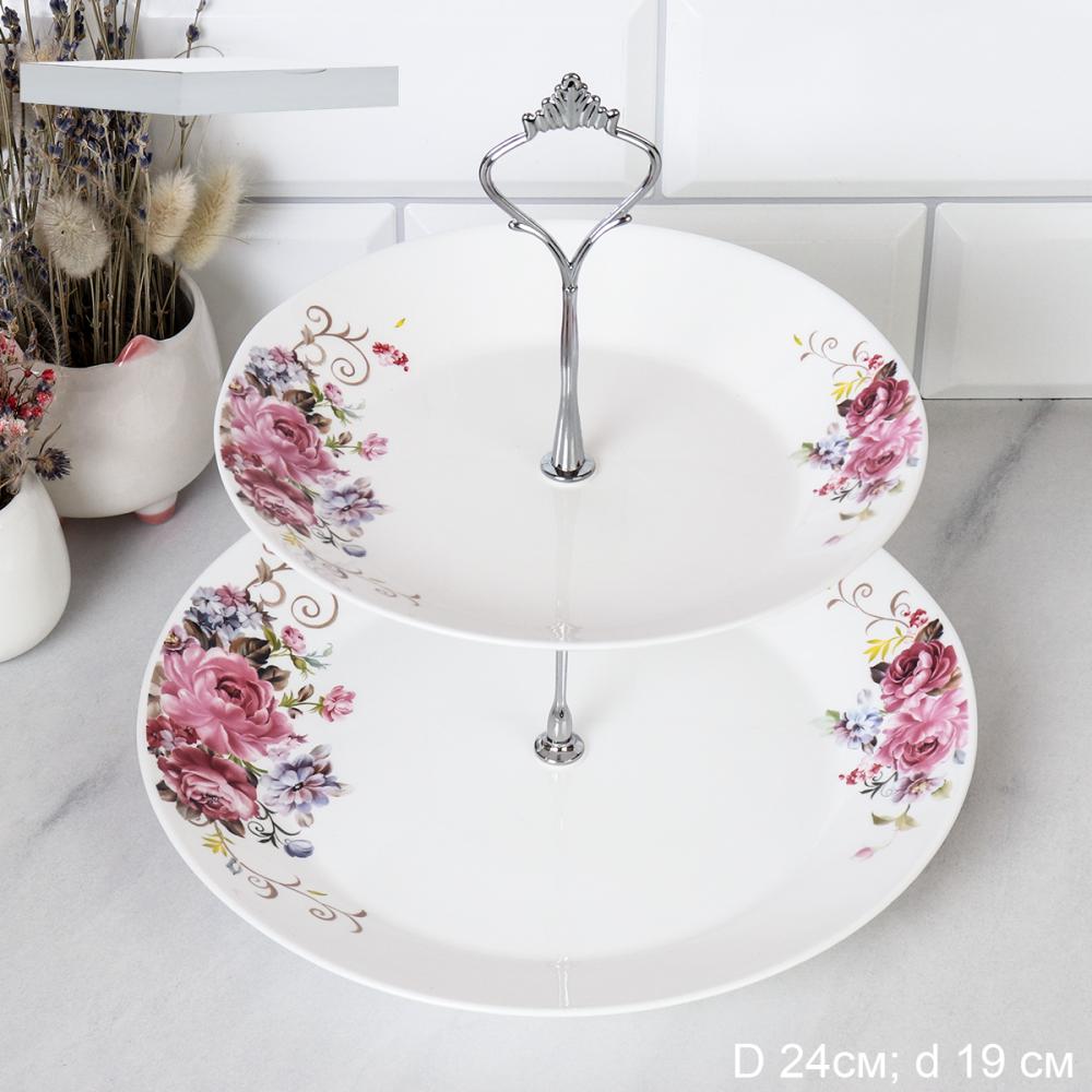 Ваза для фруктов 2-х ярусная Евро / FLMLQP75/95 (19010-1) /уп 12/ Розовая композиция