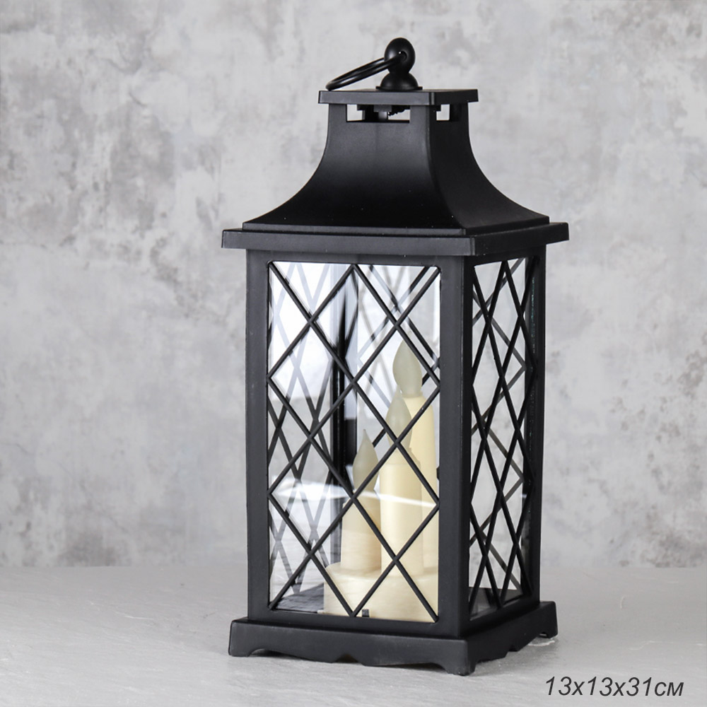 Светильник фонарь настольный Новогодний 31 см черный три свечи / W672-14-2 /уп 24/от батареек