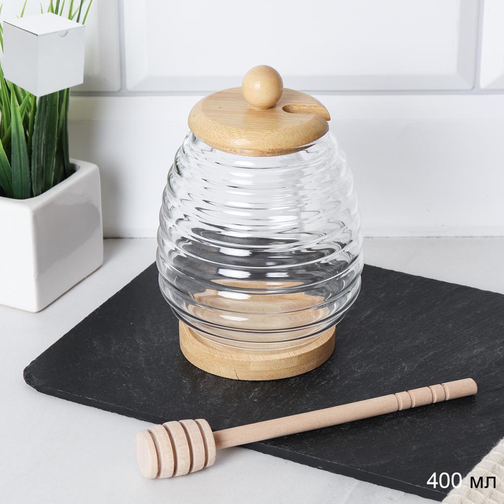 Банка для меда с ложкой на подставке бамбуковая крышка 400 мл / 7458 /уп 120/