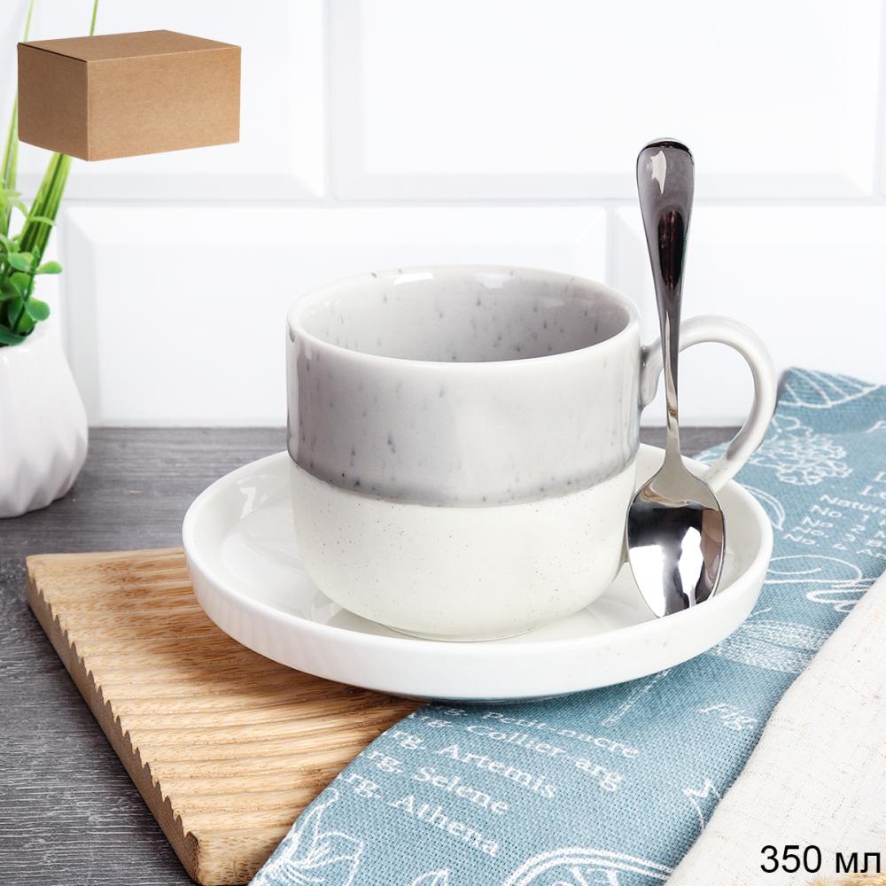 Чайная пара 350 мл 3 предмета с ложкой / GBT-104 /уп / Серая