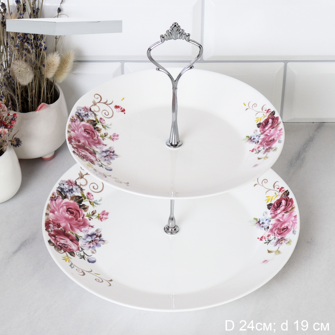 Ваза Фуршетница 2-х ярусная Евро / FLMLQP75/95 (19010-1) /уп 12/ Розовая композиция 752518