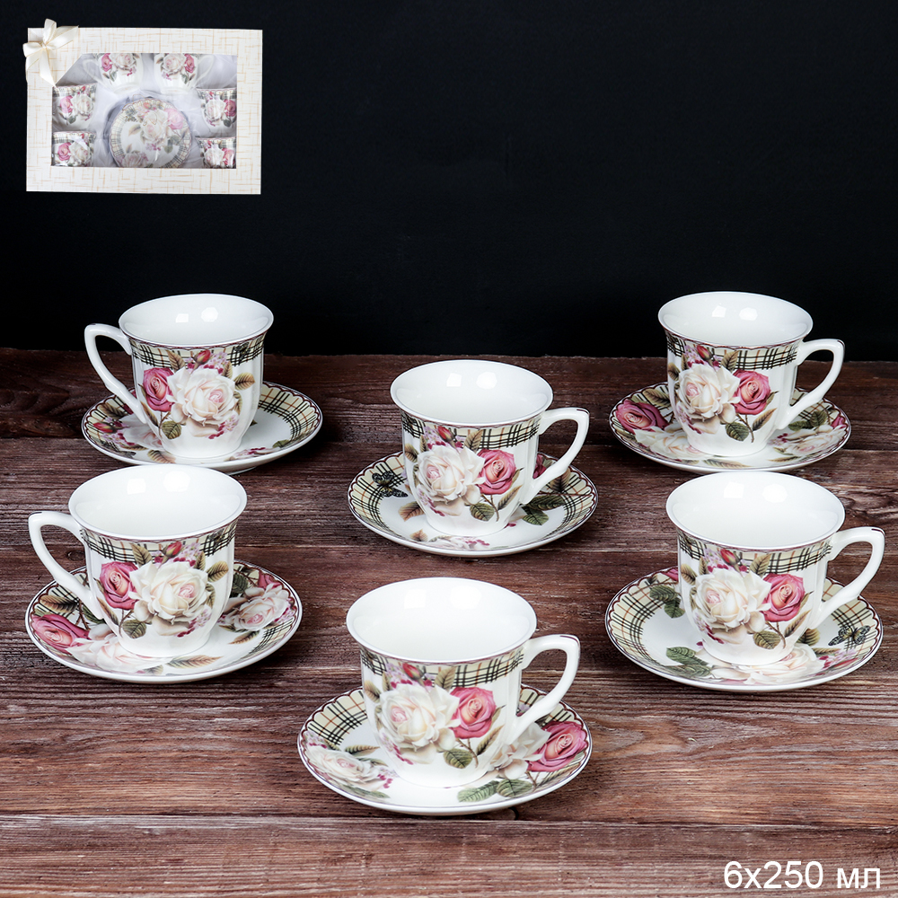 Чайный набор 12 предметов 250 мл / new F31-12G  /уп 8/ костяной фарфор