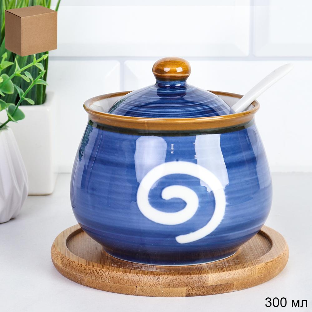 Сахарница 300 мл с ложкой / CF300 /уп 36/ на деревянной подставке