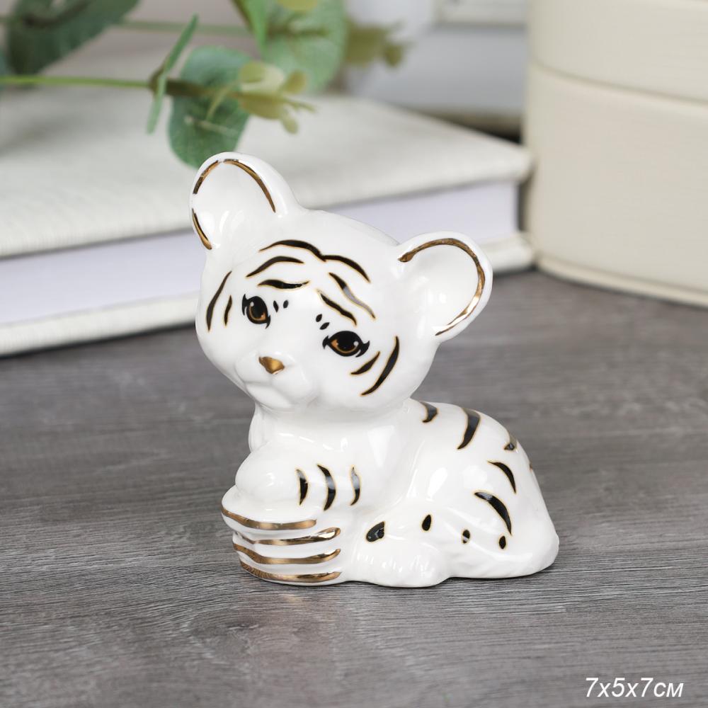 Фигурка Тигр 7 см денежный из белого фарфора с золотом / B5030 /уп 240/АКЦИЯ