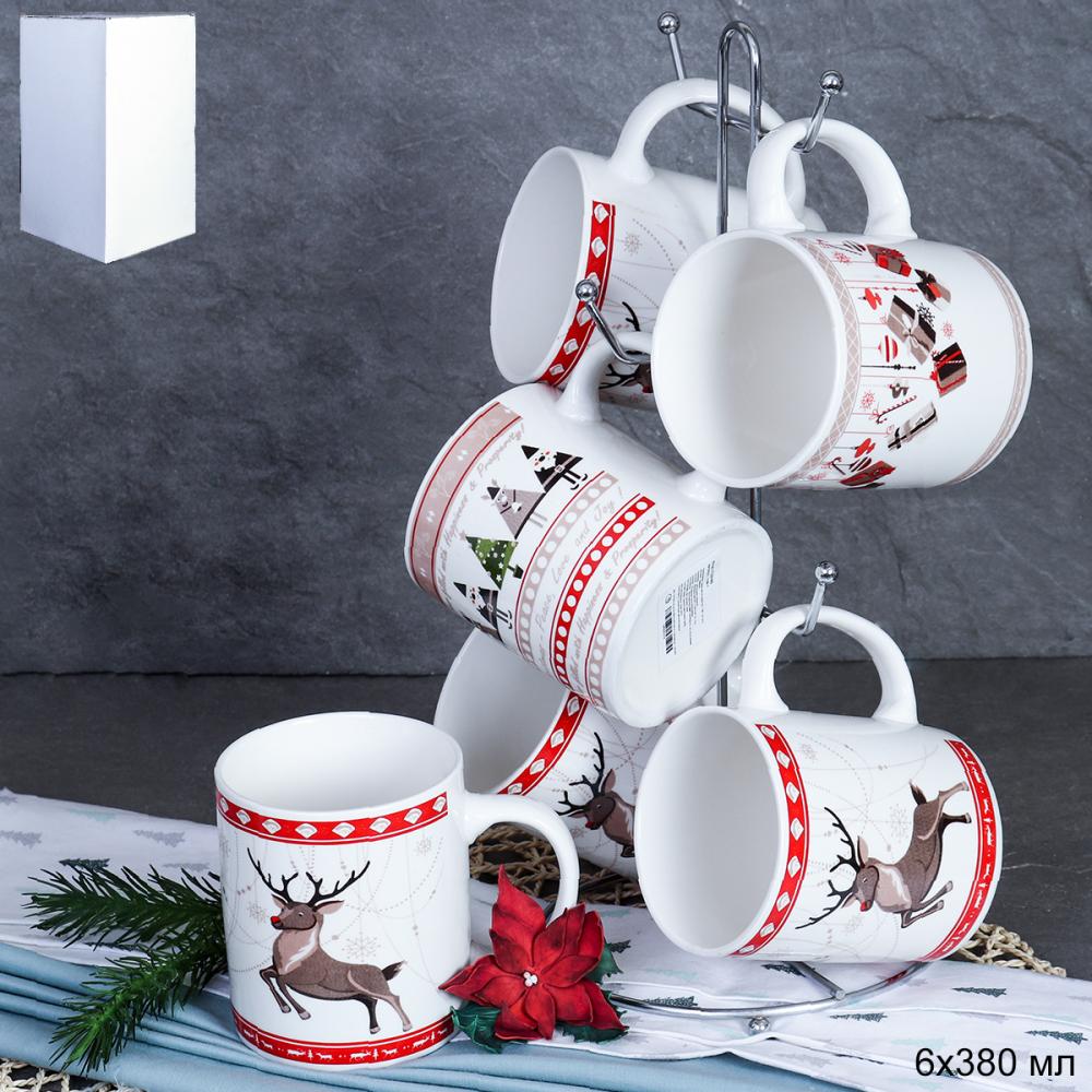 Кружка 6 штук на металлстенде 380 мл / 1188-7 / кружка новогодняя
