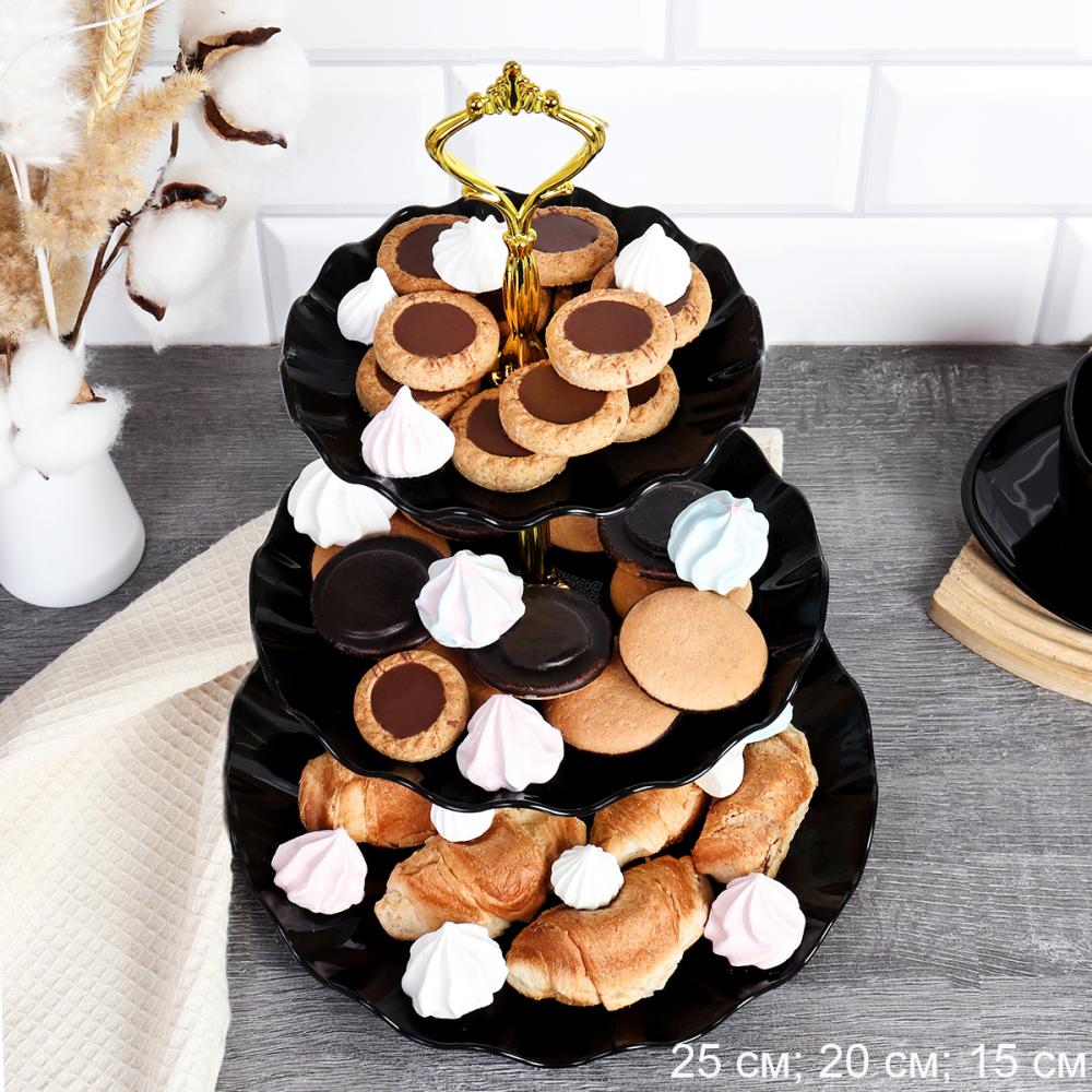 Ваза для канапе 3-х ярусная 15/20/25 Круг Волна черная / KB22 /уп 80/ Пластик/739562