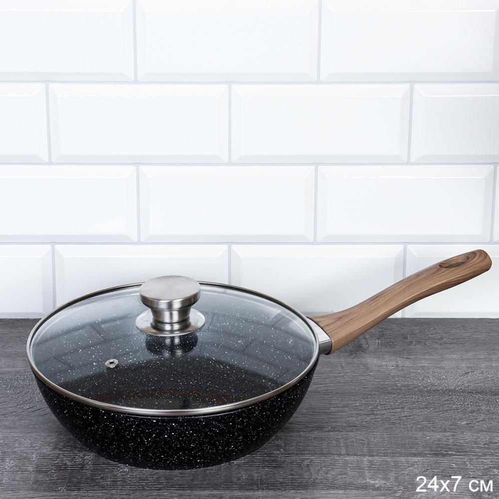 Сковорода - Сотейник с крышкой 24х7 см антипригарное гранит /индукция/ VG-24 /уп 24/ 0,652 / Soft Touch