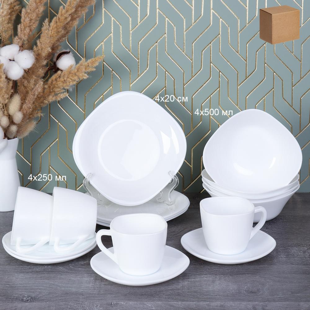 Столовый набор 16 предметов на 4 персоны квадратный с кружками Белый  GRAY-Sq16 865220 (уп 2)