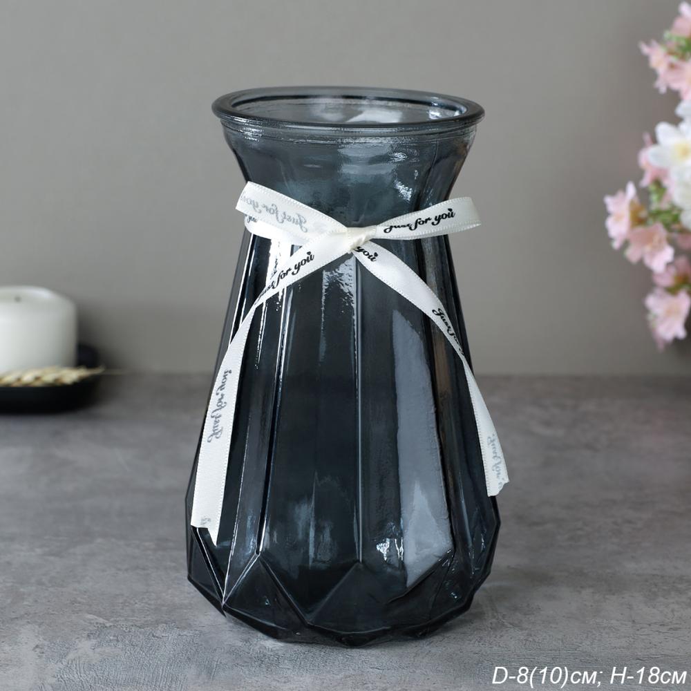 Ваза для цветов 18 см серая с лентой / WRD-144 /уп 30/ без и/уп