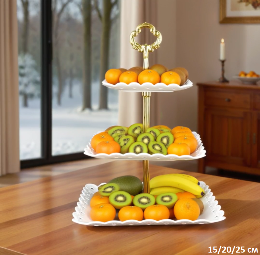 Ваза для фруктов 3-х ярусная 15/20/25 Квадрат белая / D-1264 /уп 100/ Пластик