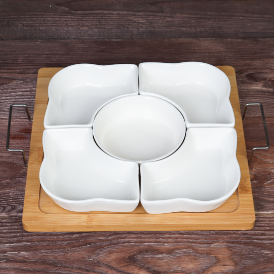 Менажница 5 предметов 4х150 мл, 1х300 мл / KT091 /уп / на деревянной подставке