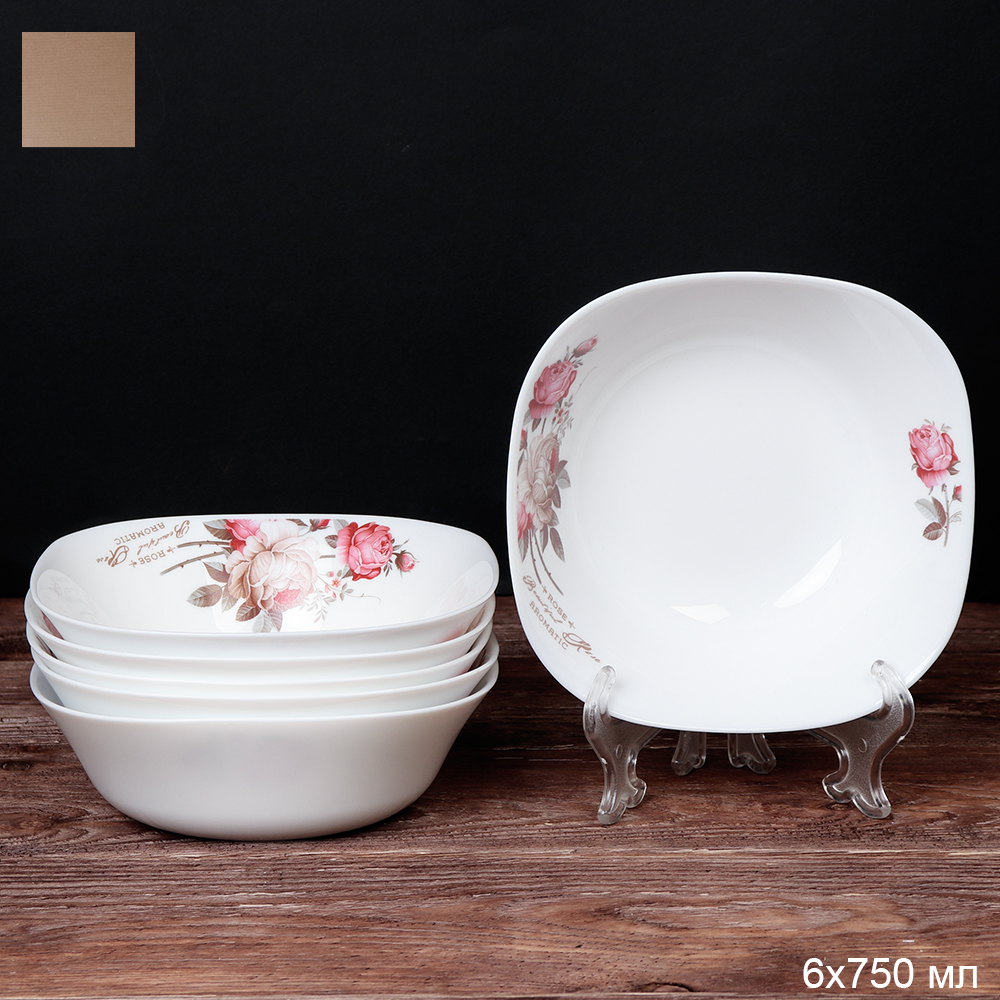 Набор суповых квадратных тарелок 6 штук 750 мл 170 мм / FSW-75 (6916) серия Чайная роза