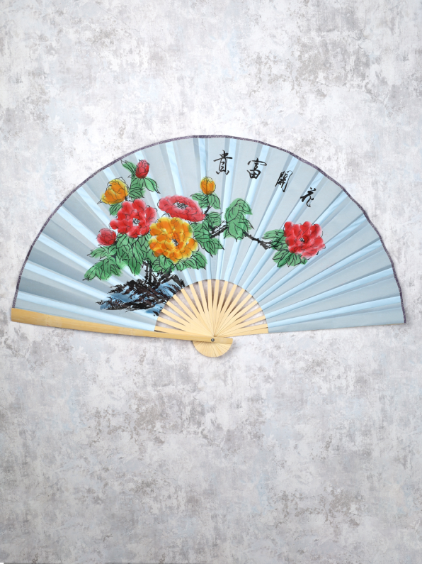 Веер 63 см бамбуковая основа Голубой с Цветами / 622-12 /уп 75/742905