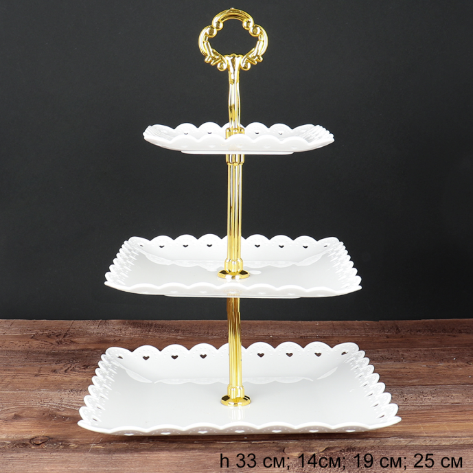 Ваза для сервировки 3-х ярусная 15/20/25 Квадрат белая / D-1264 /уп 100/ Пластик/689066