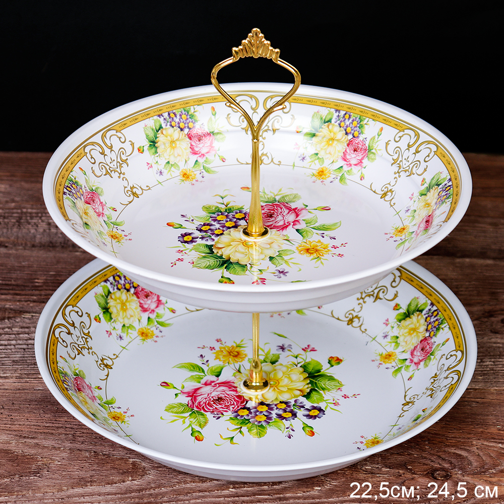 Ваза для фруктов 2-х ярусная металл Цветы / DF-258 /уп 60/белая/ ПРОМО АКЦИЯ