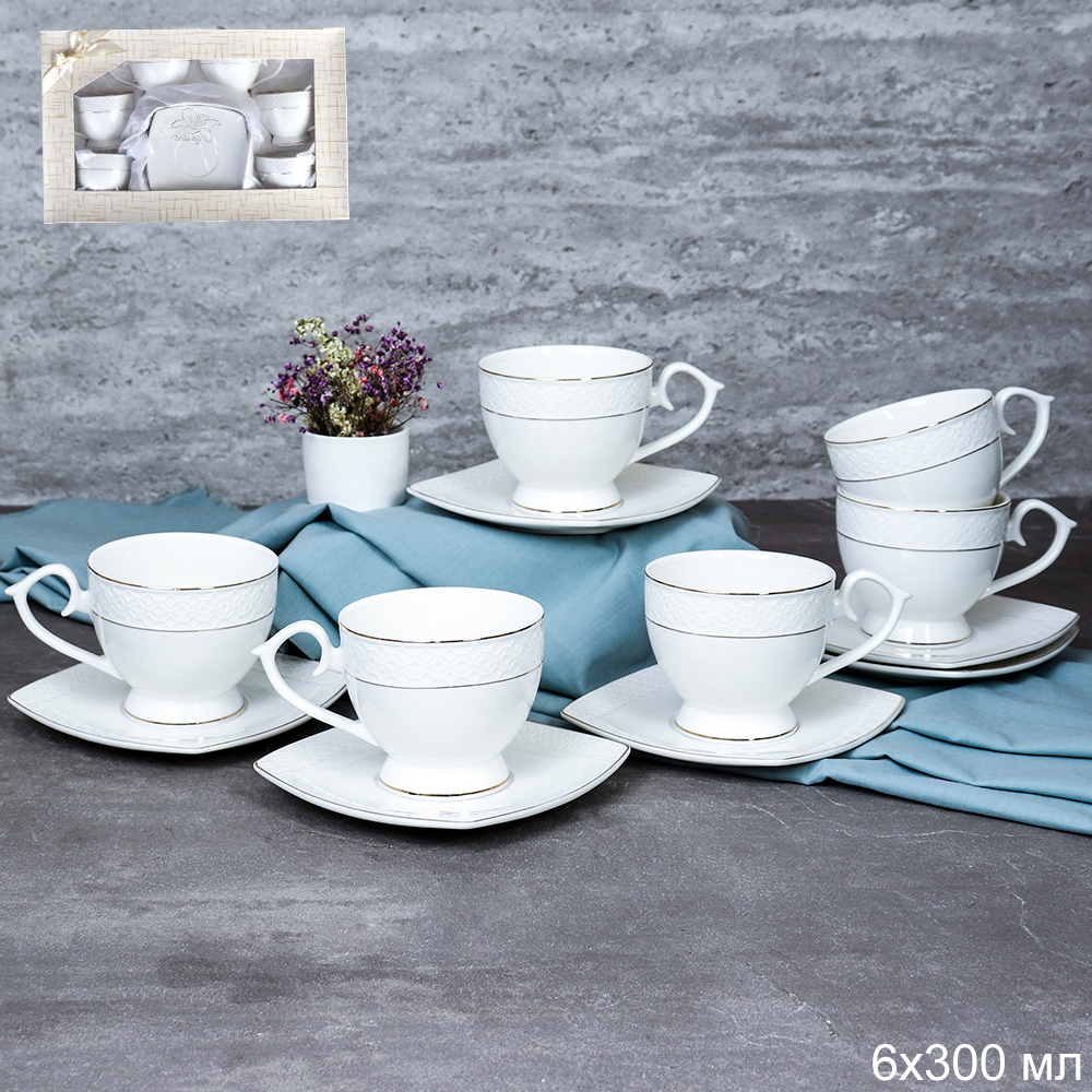 Чайный набор 12 предметов 260 мл на ножке / GA1-12G /уп 8/ костяной фарфор