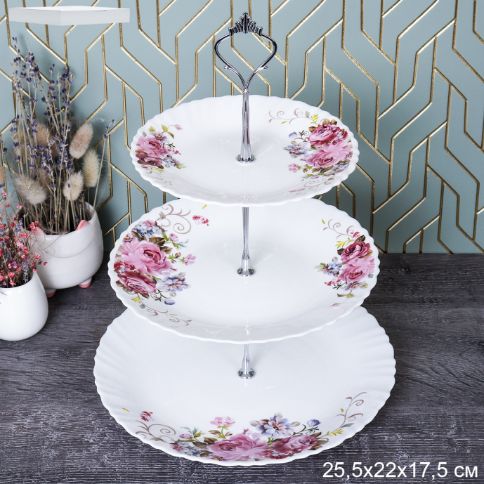 Ваза для сервировки 3-х ярусная канапе для фуршета / WG-3/LXP70/85/100 (19010) /уп 12/ Розовая композиция